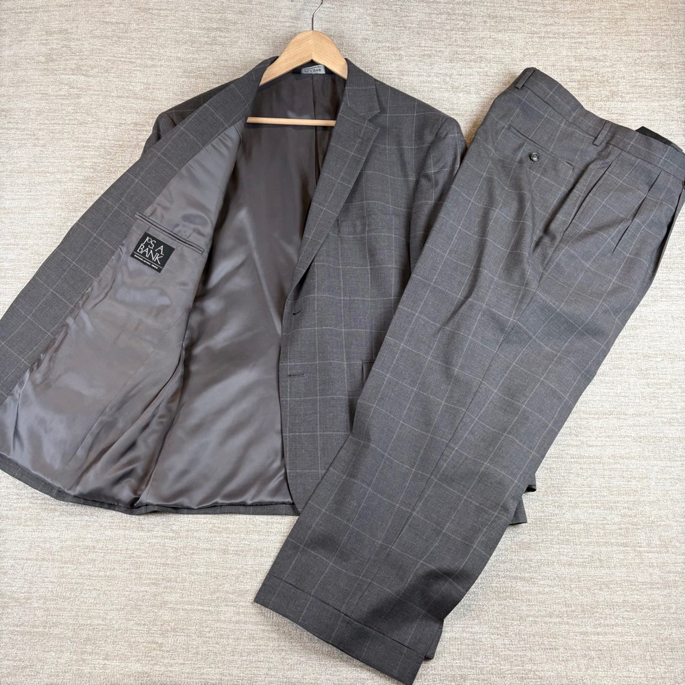 Jos. A. Bank Executive Grey Windowpane Plaid Wool 2 Pc Suit Mens 44 Short 38 W